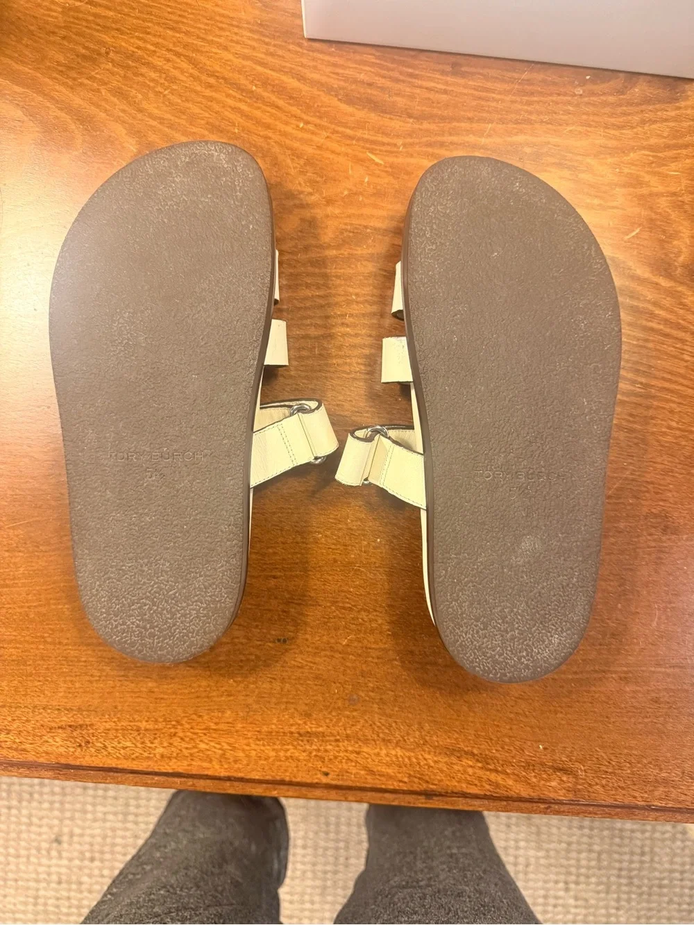 Tory Burch Ines Ivory Leather Double-Strap Logo Sport Slide Sandals Size 5.5
